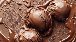 delicious creamy chocolate ice cream scoops drizzled with rich chocolate sauce on textured chocolate background photo