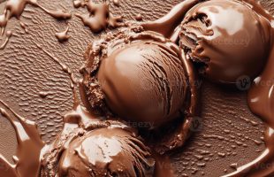 delicious creamy chocolate ice cream scoops drizzled with rich chocolate sauce on textured chocolate background photo